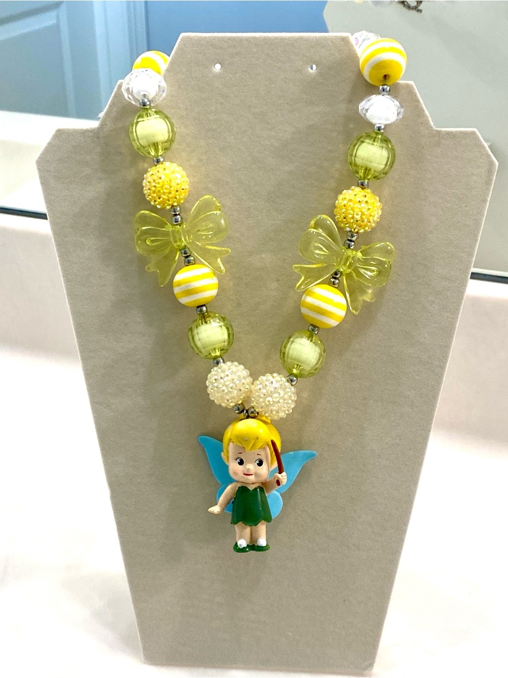 Vintage Cute Fairy Pendant Bubble Bead Necklace in Yellow & Green